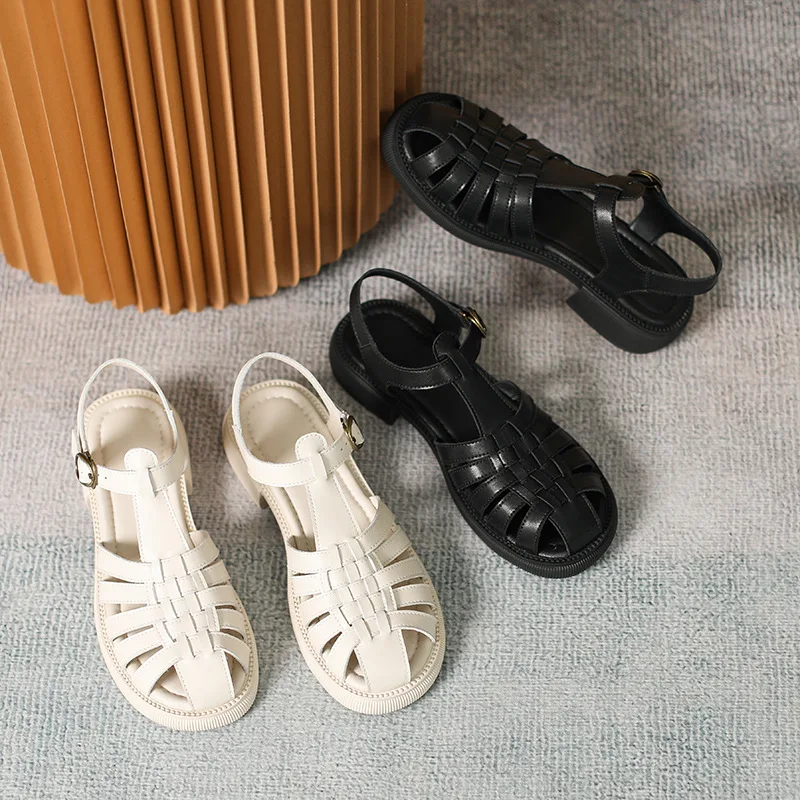 

TOPHQWS Summer Retro Women Roman Flat Sandals 2023 Casual Round Toe Slip On Female Beach Shoes High Quality PU Leather Sandals