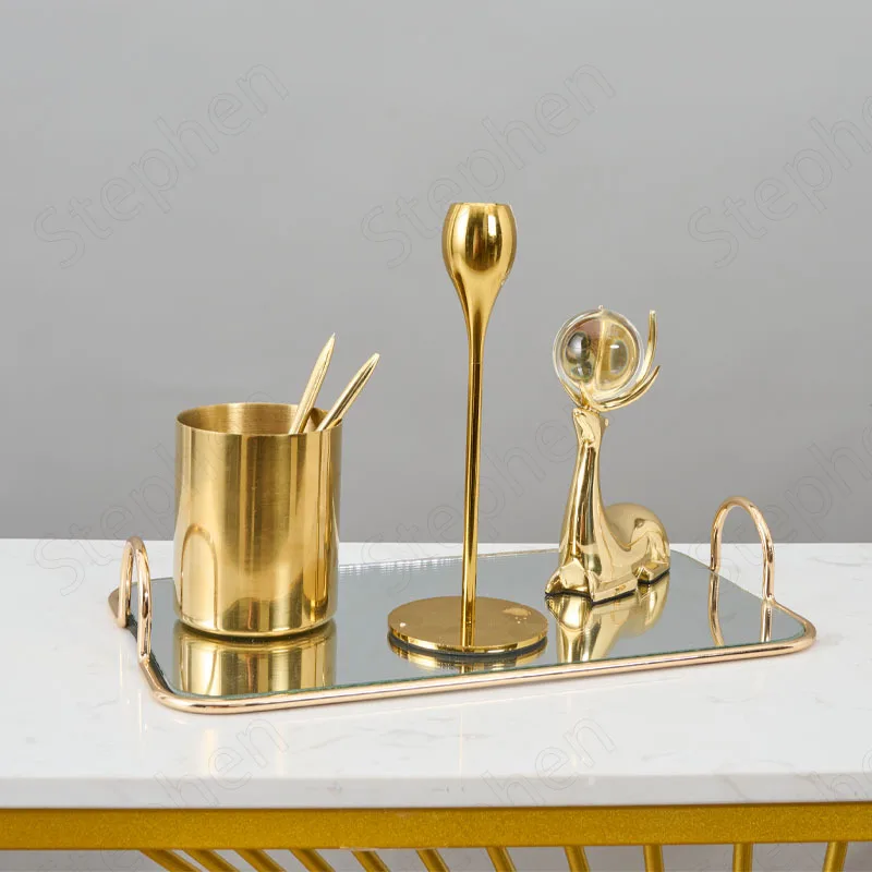 Metal Coffee Table Tray with Handle Nordic Modern Golden Stroke Mirror Trays Decorative Dressing Desktop Jewelry Organizer | Дом и сад
