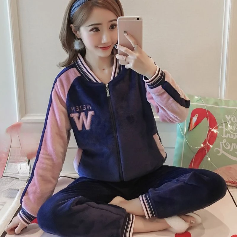 2024 New Winter Pajama Female Korean Version Loungewear Coral Velvet Padded Warm Flannel Homewear Loose Two-piece Sleepwear Suit