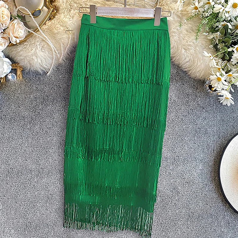 tulle skirt Green Fringe Bodycon Pencil Skirts Tassel High Waist Women Stretch Sheath Midi Length Ladies Slim Big Size white pleated skirt