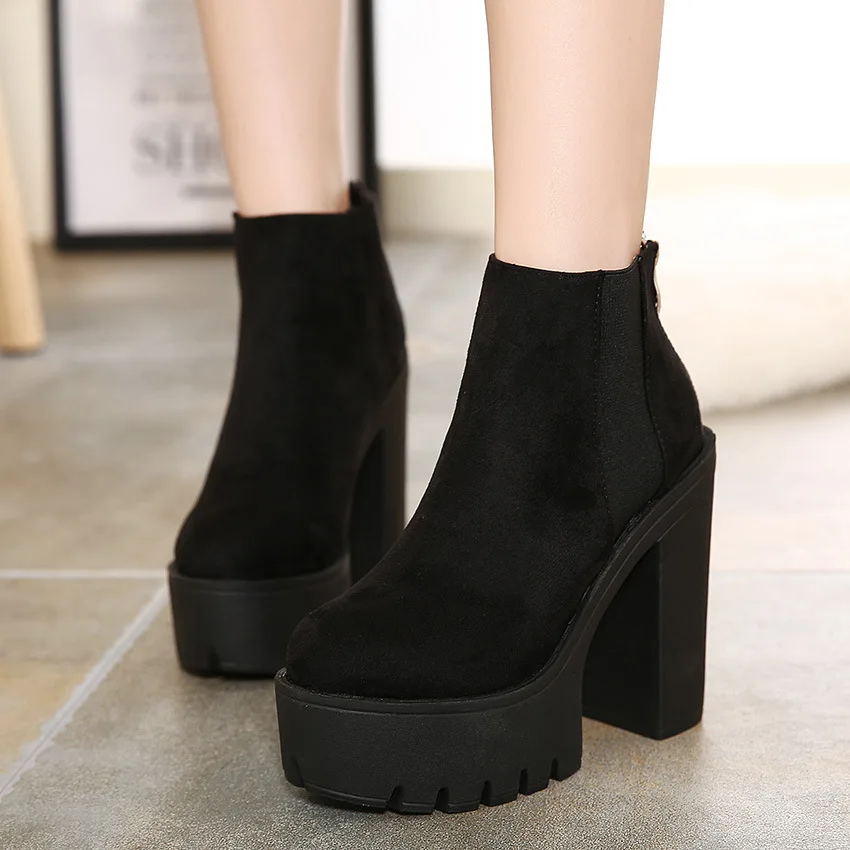 

Black Short Boots Women High Heel Platform Chunky High Heel Ankle Boots For Women Thick Bottom