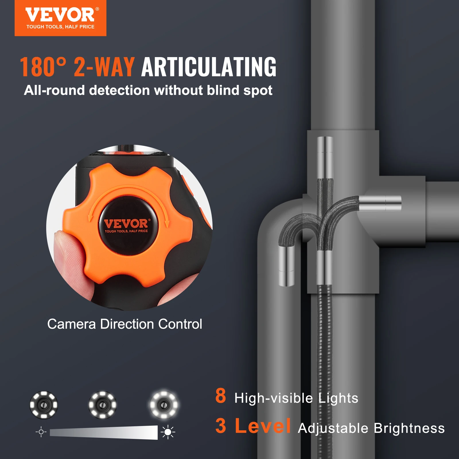SucceBuy Articulating Borescope Camera w/ Light Two-way Articulated Endoscope Inspection with 6.4mm Tiny Lens 5"IPS 1080P Screen 2