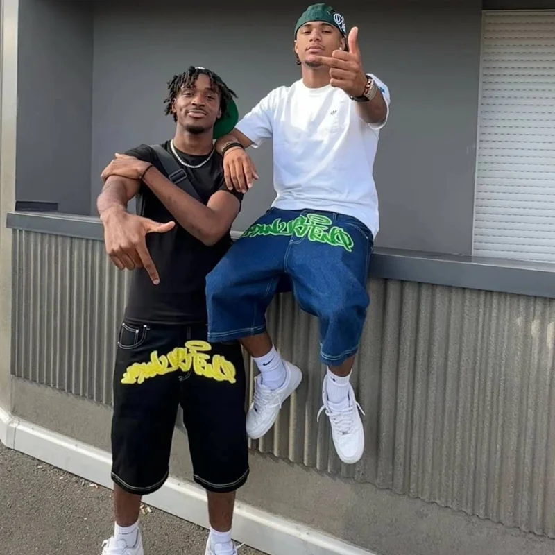 Letter print fashion design oversized loose hip hop casual denim shorts men's y2k baggy punk Harajuku goth shorts men streetwear