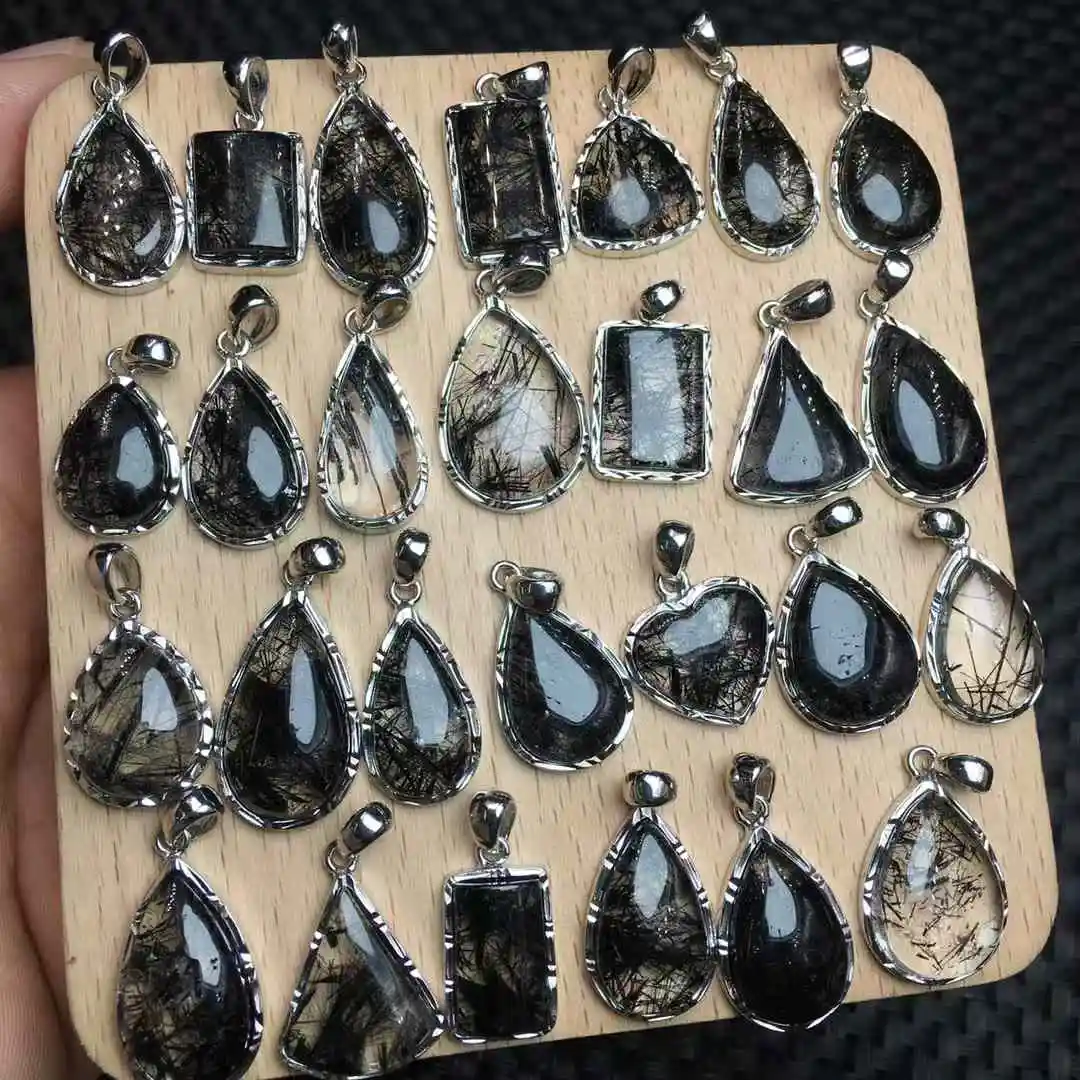 Unit One Piece 925 Silver With Natural Black Rutilated Hair Quartz Gemstone Crystal Teardrops Pendant For Gift 4