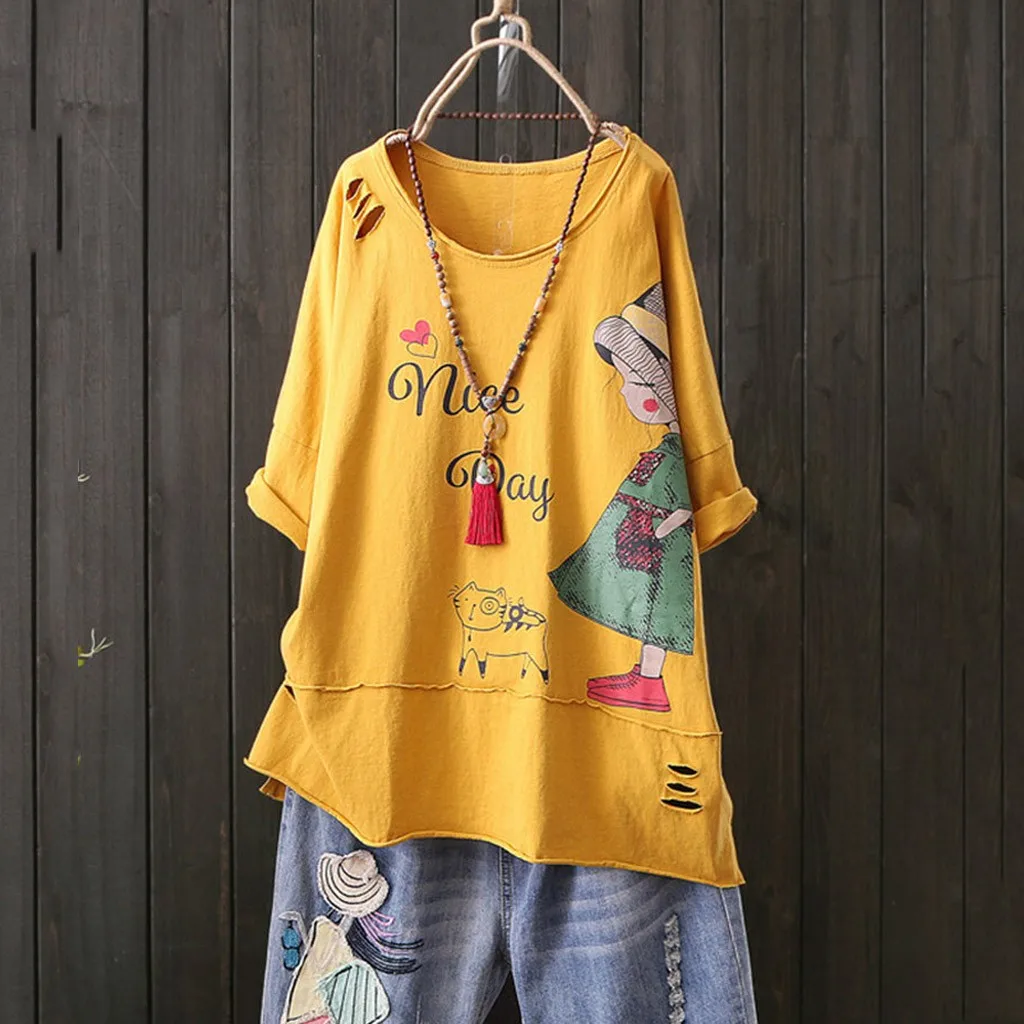 

Womens Oversize Cotton Linen T-Shirts Fashion Cartoon Print Ripped Tee Shirts Loose Crewneck Short Sleeve Tops Casual Streetwear