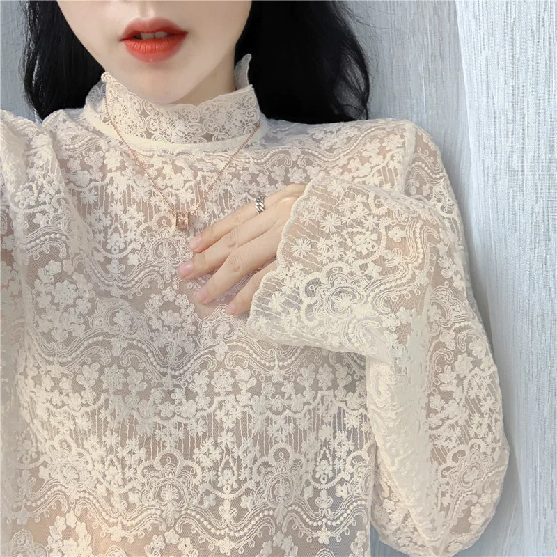

Exquisite Small Vertical Collar Perspective Sexy Lace Crochet Shirt Shirt Women's Inner Mate Base Shirt women clothes y2k top