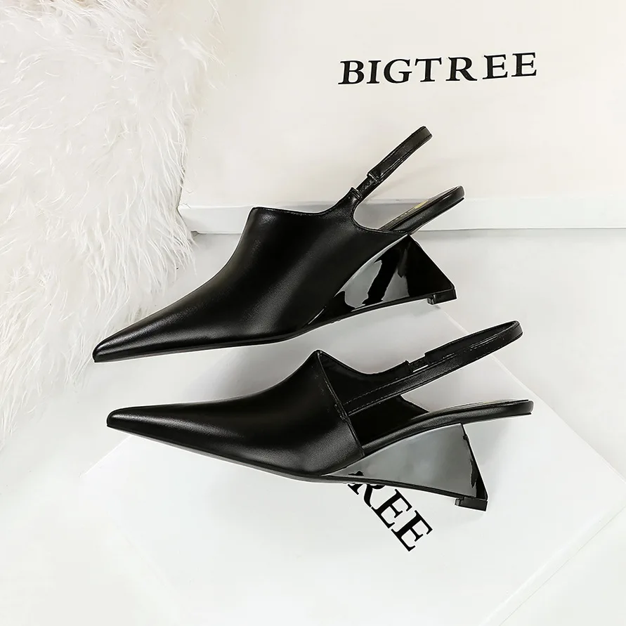 Frauen Retro 6,5 cm High Heels Keile Designer Pumps seltsame Panto letten Dame spitzen Zehen mittleren niedrigen Absätzen Lack leder klassische Schuhe – Detail 15