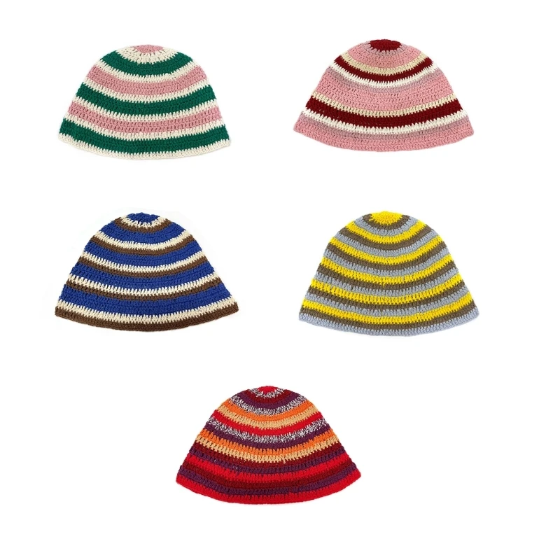 

Crochet Wide Brim Bucket Hat Summer Fisherman Hat Crochet Stripe Fisherman Hat for Adult Teens Anti-Uv Commute Hat