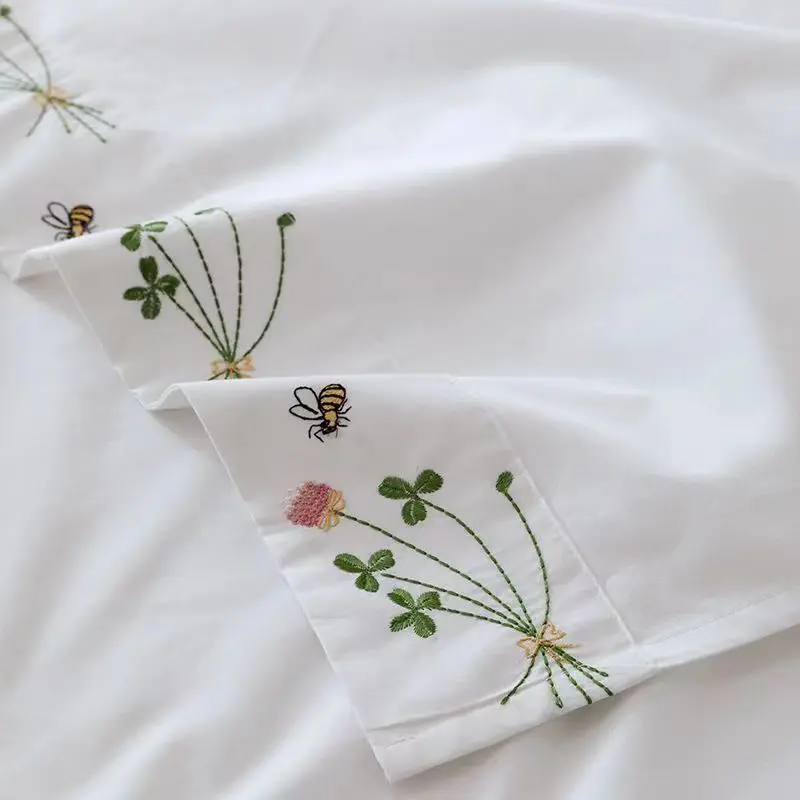 Pure White Bedding Sheet Floral Embroidery Flat Sheets 100% Cotton Bedding Luxury Bedspread Home Textiles Queen King Size 3