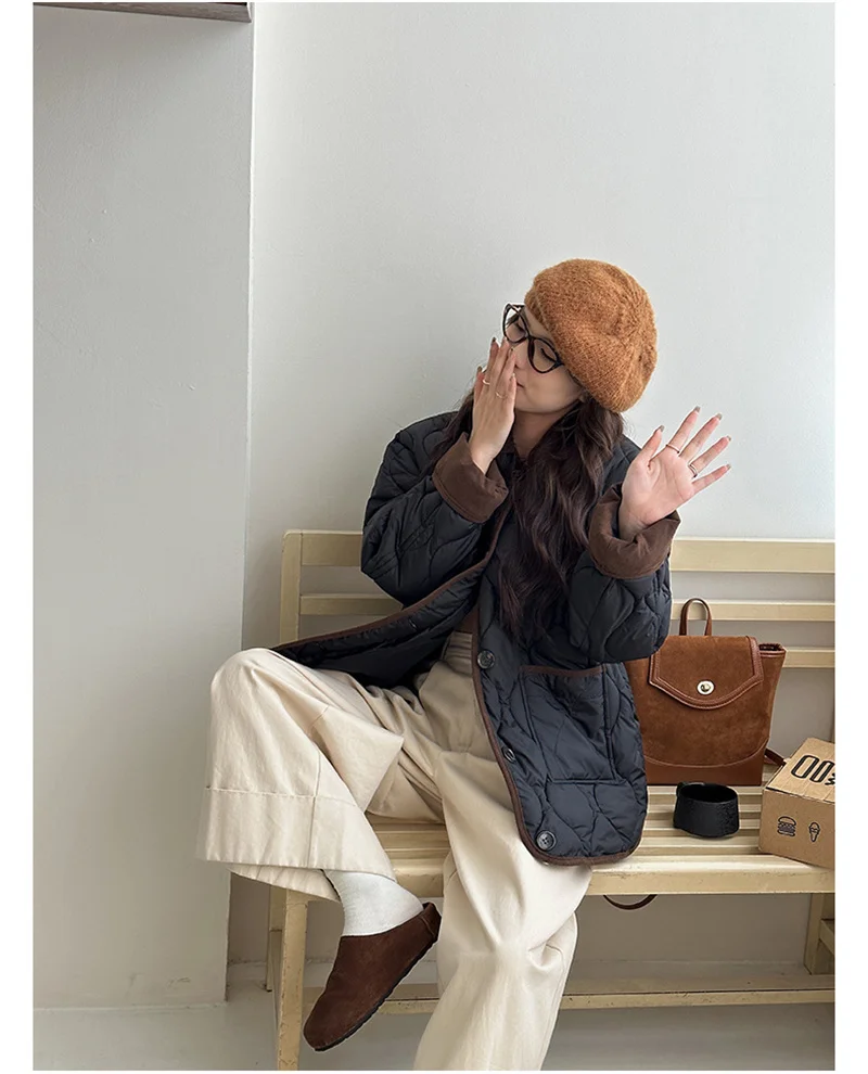 Short Down Cotton Jacket Women 2025 New Contrasting Color Lapel Diamond Grid Lightweight Loose Cotton Clothes Female Outerwear