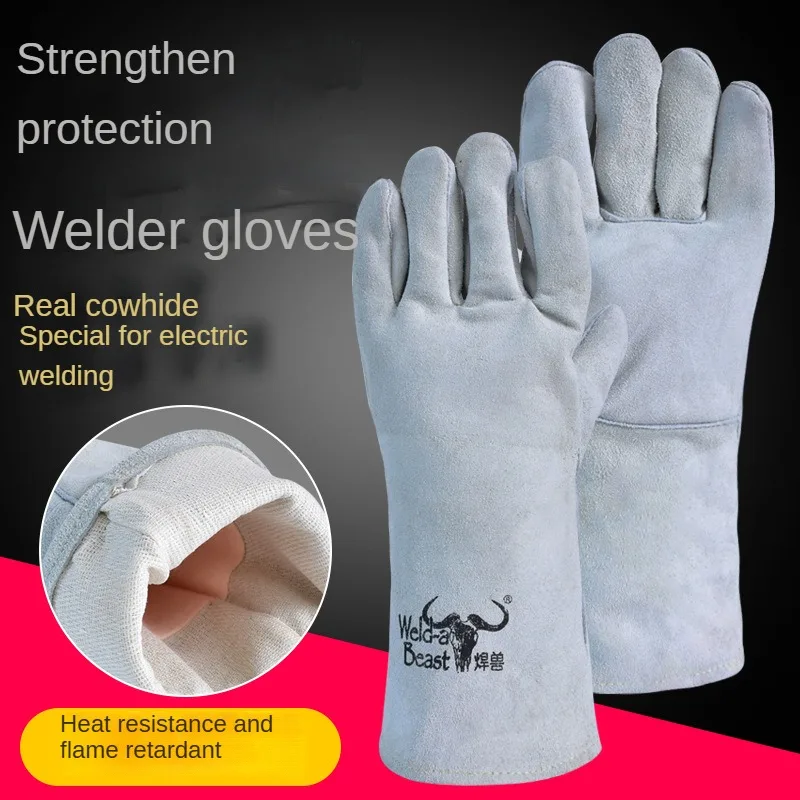 All Cowhide Electric Welding Gloves Welding Beast Double Thickness Heat Insulation Wear-resistant Lengthening Welder