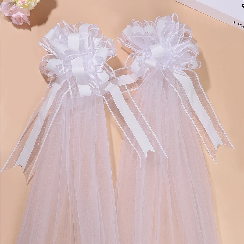 1/4pcs Large White Wedding Bow with Long Tulle Tails for Church Aisle Chair Wedding Car Decoration Festival Party Decor Supplies
