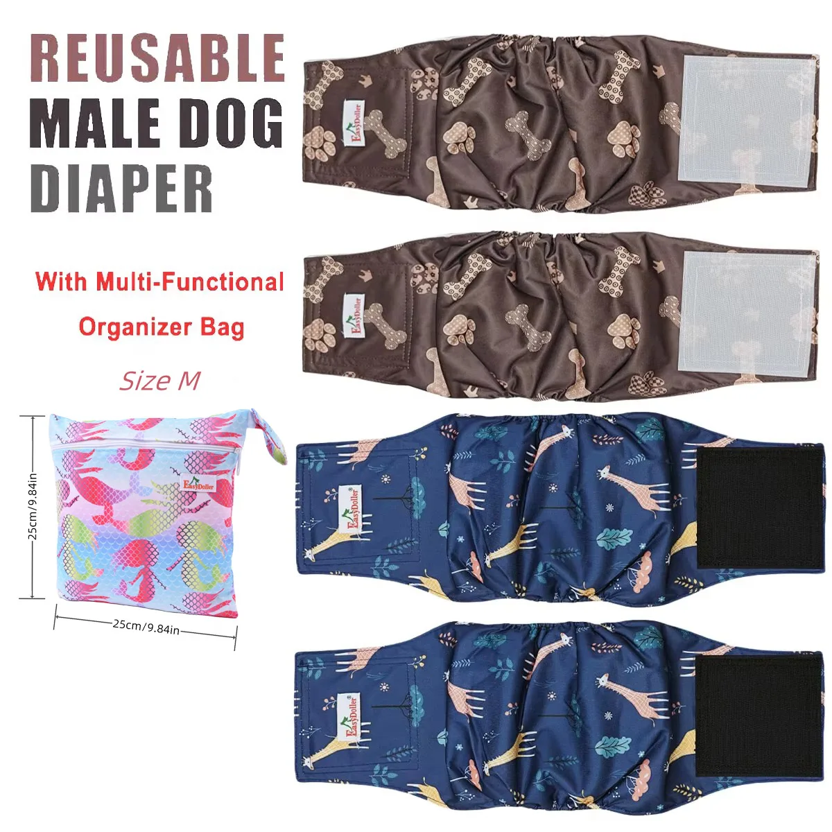 Pet Male Dog Diaper Washable Reusable Nappy Belly Band Wrap Sanitary Pee Pant Adjustable Leak Proof Diapers For Puppy 4 Pack