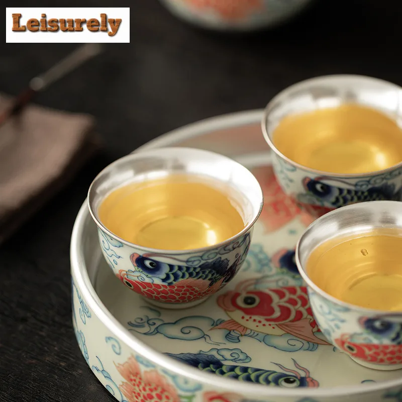 Gilt Silver Dragon Fish Tea Set Complete Set Traditional Tea Ceremony Set Tea Maker Teapot and Tea Cup Set Tableware Ornaments