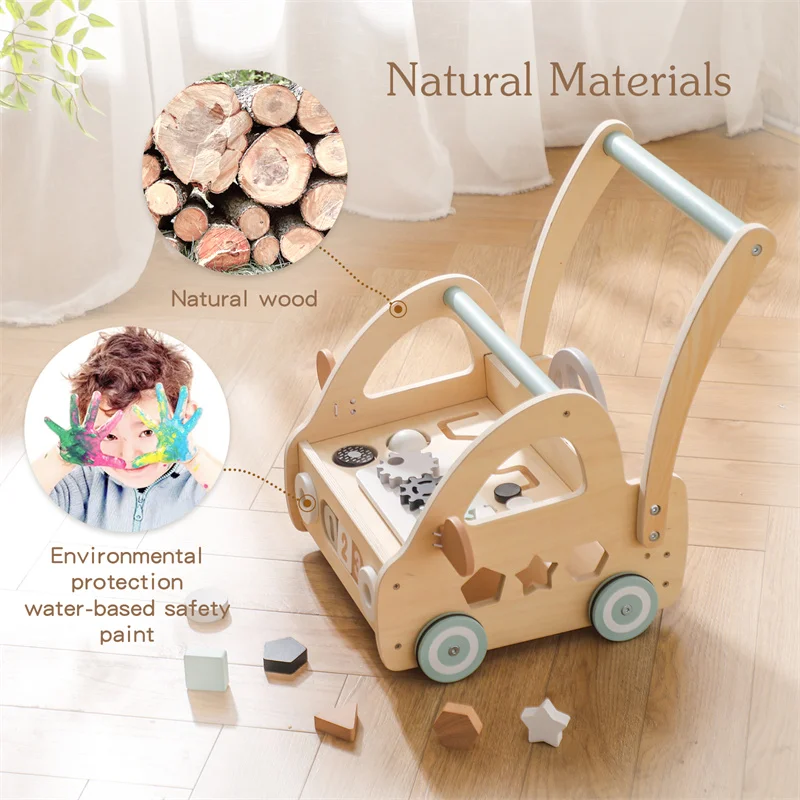 Kids Wooden Walker Montessori Toy Car Learning Children's Simulated Shopping  For 3 Year Babies Car Toddler Trolley Wagon Gifts 2