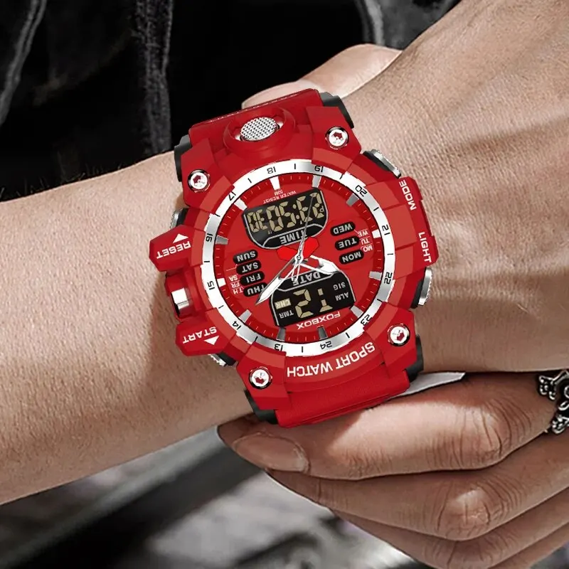Orologio Cronografo Uomo BORUSE – Sportivo Militare Quadrante Grande 46 Mm, Cinturino Rosso Silicone, Impermeabile 3ATM, Luminoso
