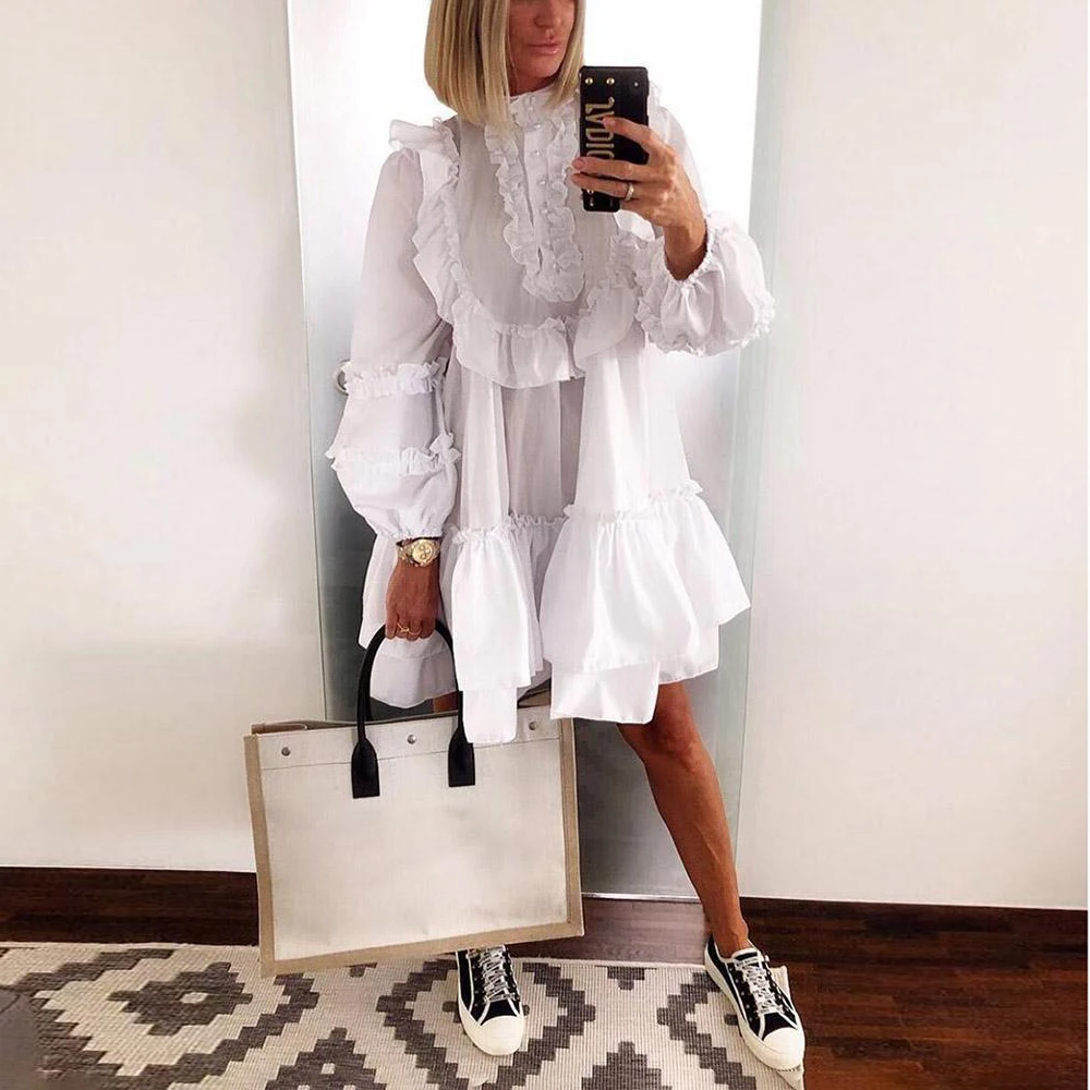 Elegant White High Neck Ruffle Dress Sexy Autumn Long Sleeve Short Loose Dresses Fashion Puff Sleeve Dress Vestidos Mulher 2022 3 piece swimsuit with cover up Cover-Ups