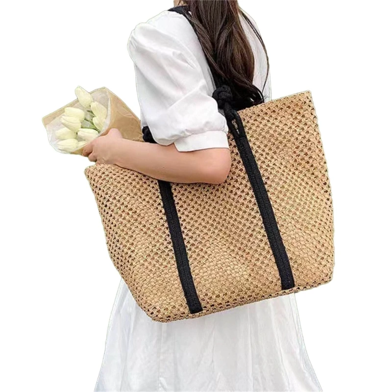 Women Straw Handbag Large Capacity Beach Bag Vacation Bag Summer Handmade Travel Bag Fashion Hollows Shoulder Bag
