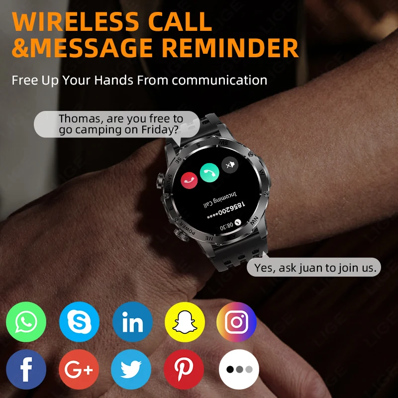 LIGE New 800mAh Super Capacity Battery Men Smart Watch 1.53" HD Bluetooth Call Compass LED Flashlight IP68 Sports Smartwatch Man