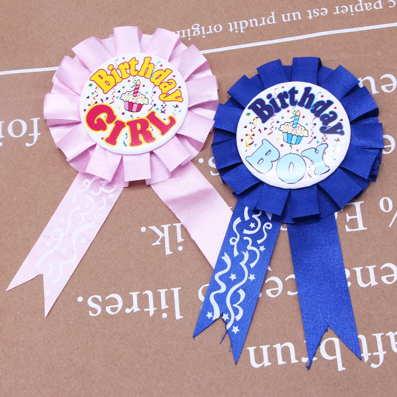 

Children Pink Blue Boy Girl Birthday Award Badge Baby Shower Favor Pin On Ribbon Badge Kids Birthday Party DIY Decorations