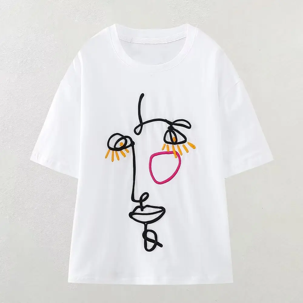 

Женская футболка с вышивкой TRAF ZR, летняя футболка с круглым вырезом и коротким рукавом, топы для женщин, P56, 2024