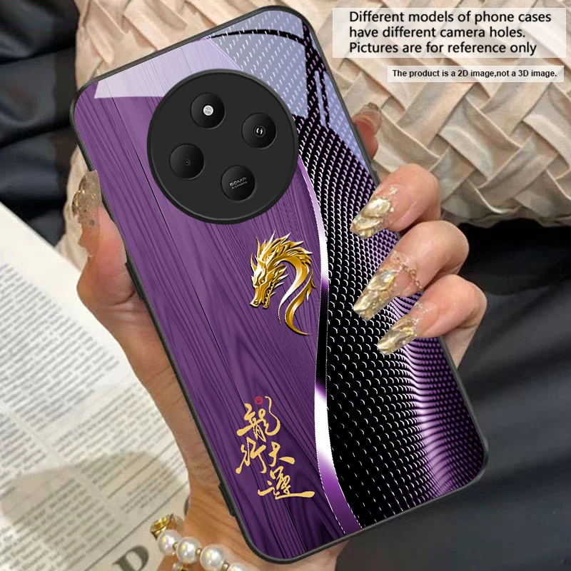 Elegant Black Tempered Glass Phone Case with Traditional Dragon Totem Design