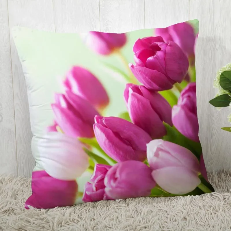 

New Flowers Tulips Pillow Cover Bedroom Home Office Decorative Flowers Pillowcase Square Zipper Pillow Cases Satin Soft No Fade