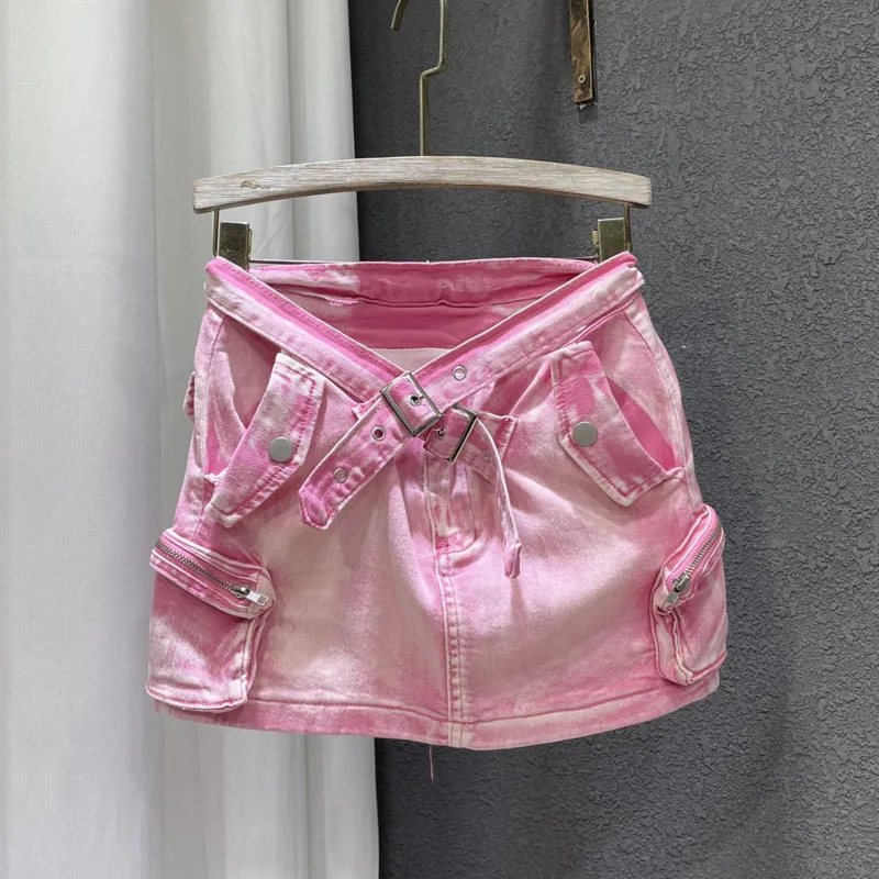 

BORVEMAYS Slim Denim Skirts Women Casual All-match High Waist Patchwork Zipper Pockets Summer New 2024 WZ8506