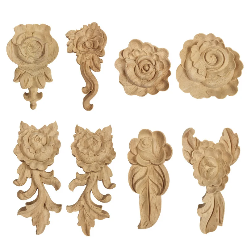 

1Pc Unpainted Wooden Mouldings Decal Natural Wood Appliques Decals Wood Carving Rose Flower Furniture Cabinet Decoration Crafts