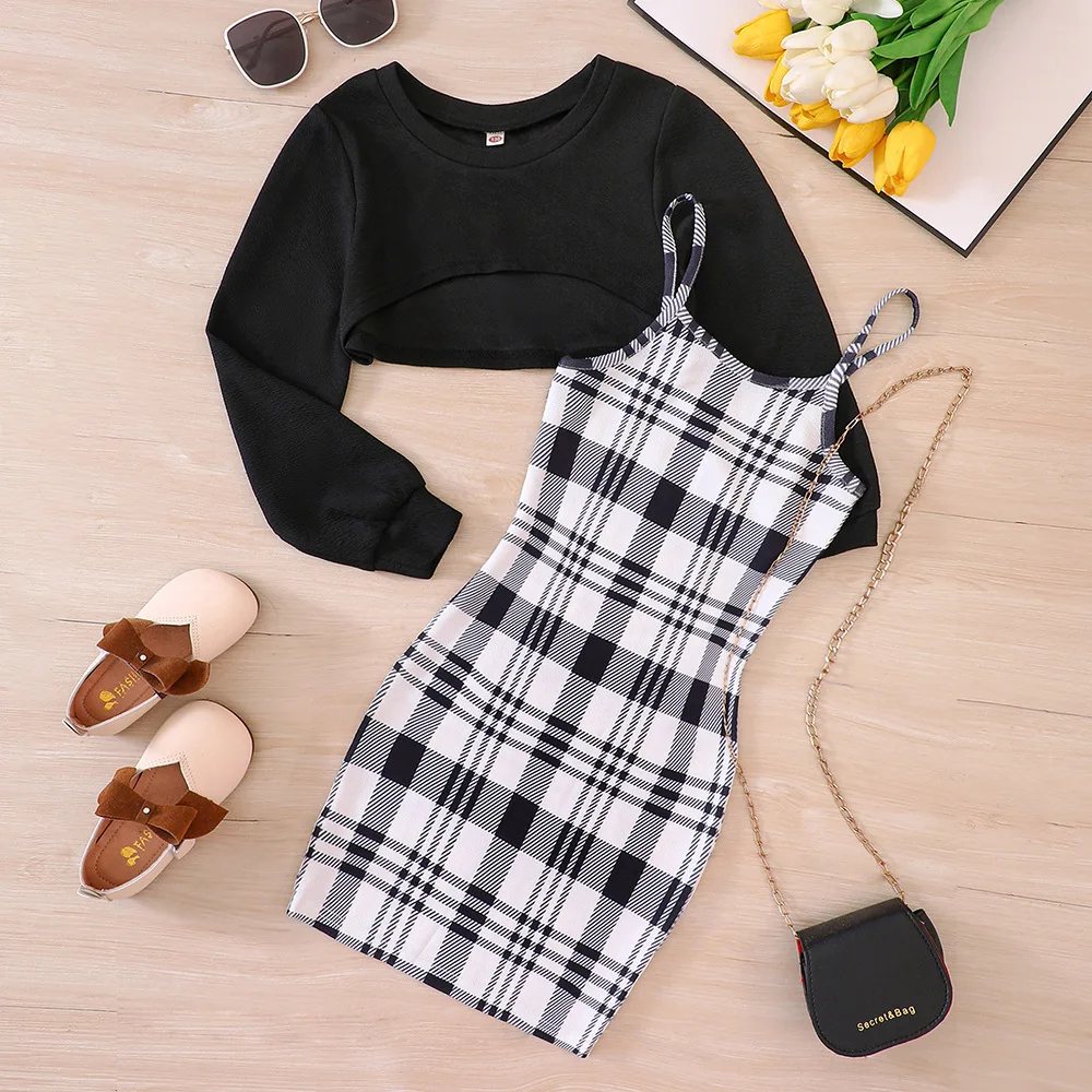Girl's 2pc Plaid Dress with Black Cropped Top Sweater 1