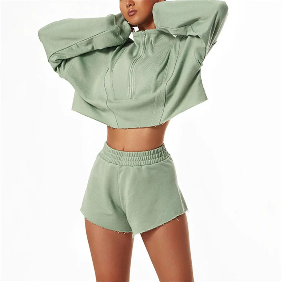 BKLD Loose Casual Hoodie Sets Clothes For Women Fashion Zippered Stand Collar Long Sleeve Crop Tops Shorts Sets Two Pieces