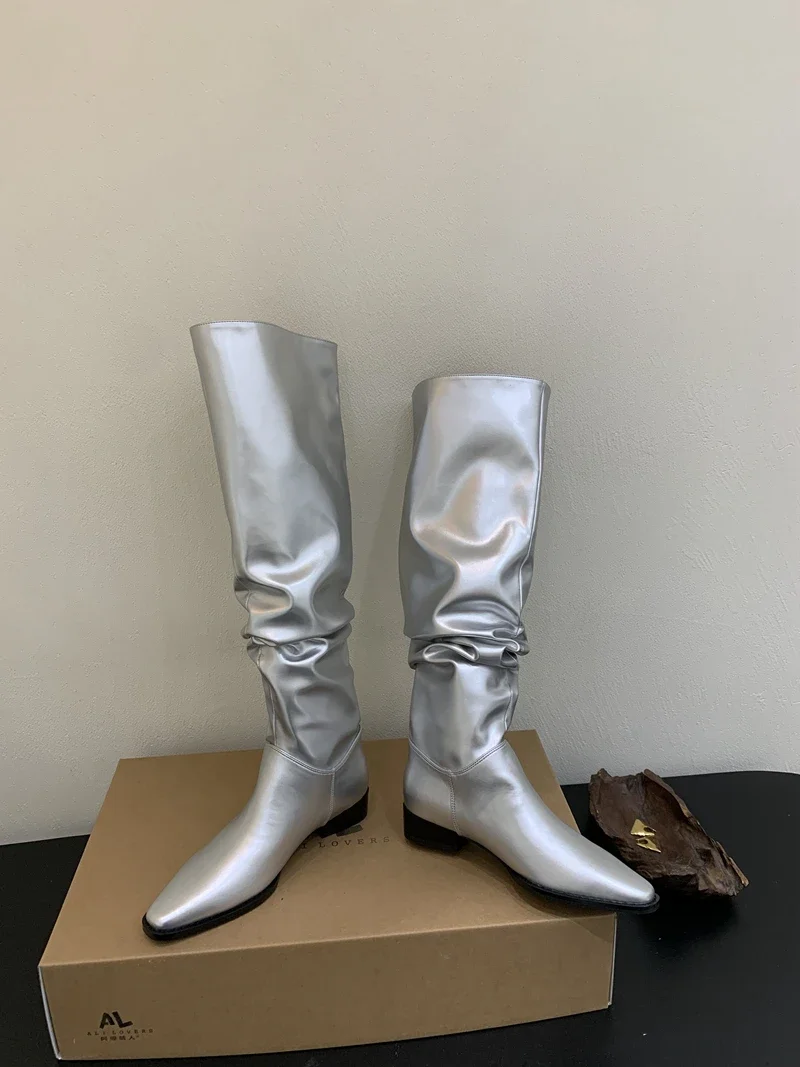 

Small Silver Pile Over The Knee Boots Women's 2023 New Autumn and Winter High Knight Boots Spring and Autumn High Heels