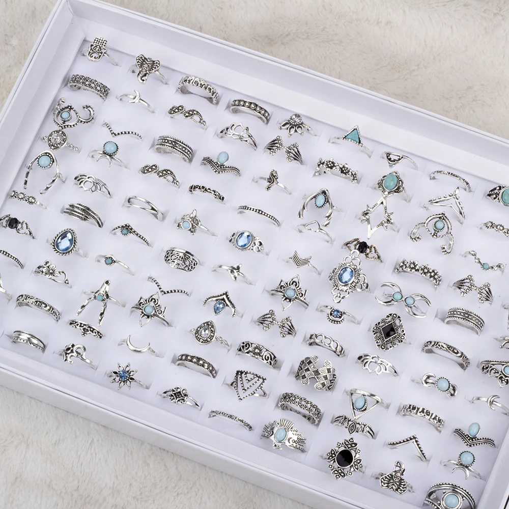 100 Pcs/Lot Bohemia Vintage Mix Style Finger Rings For Women Wholesale Gifts 2023 Fashion Jewelry 2