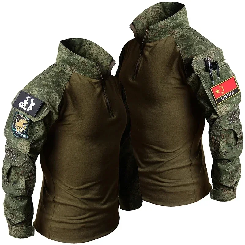 RU Camo Tactical Sets Men Outdoor Breathable Long Sleeve T Shirts+Multi-pocket Straight Cargo Pant 2Pcs Suit Training Combat Set 3