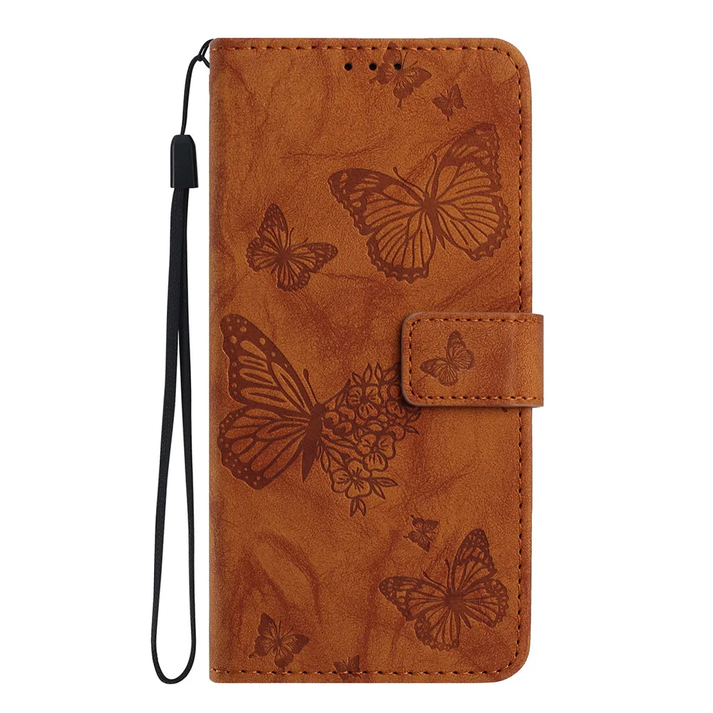 Butterfly Embossed Leather Wallet Phone Case with Card Slots and Strap