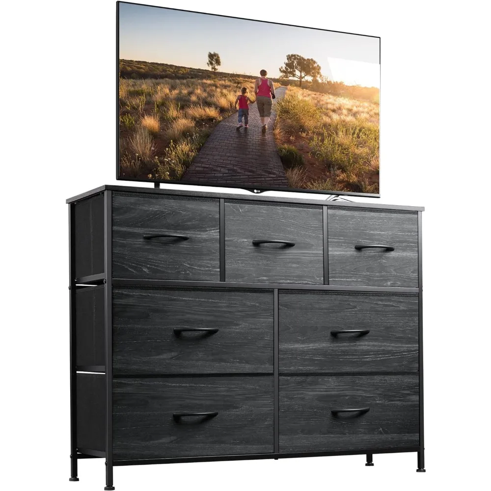 

Dresser TV Stand, Entertainment Center with Fabric Drawers, Media Console Table with Metal Frame and Wood Top for TV up