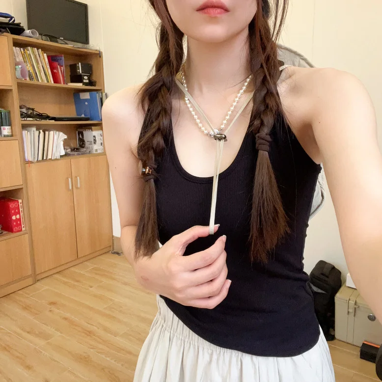 Retro U-Ne Hanging Strap Vest Women's Inner Wear Slim Fit Summer 2024 Simple Sle Versatile ort Nylon Spandex Tank Top