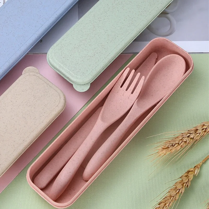 Wheat Straw Dinnerware Set Portable Tableware Knife Fork Spoon Chopsticks Set Travel Cutlery Reusable Camping Utensil Box