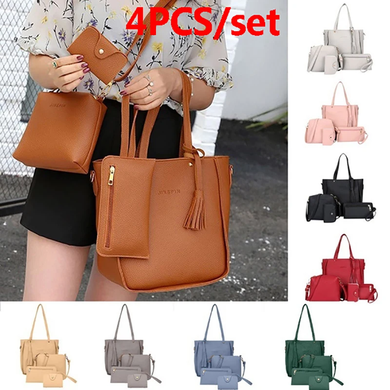 4pcs/set Ladies Leather Bag Set Polyester Shoulder Bag Handbag Messenger Bag Set 9 Colors 5