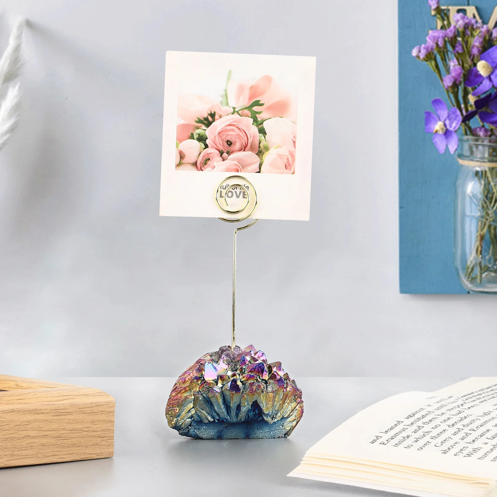 Natural Rock Quartz Titanium Coated Table Card Holder Wedding Table Name Card Holders Clips Picture Memo Note Photo Stand