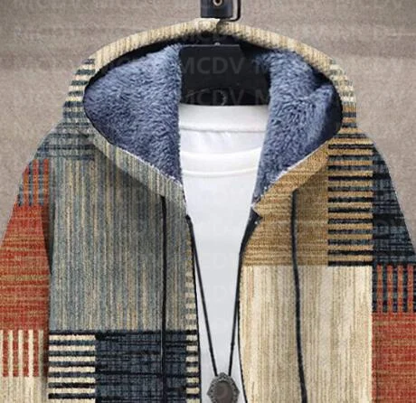 Men's Retro Print Plush Thick Long-Sleeved Coat Cardigan 3D All Over Prined Fleece Hooded Overcoat Unisex Thick Warm Jacket