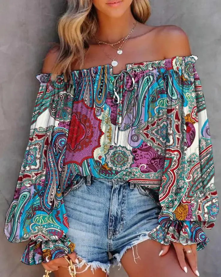 

Summer New Women's Sexy Off Shoulder Lantern Sleeve Tribal Print Blouses Temperament Frill Hem Vacation Casual T-Shirt for Women