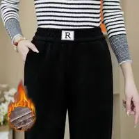 Women Plush Thick Straight Trousers Letter High Waist Corduroy Warm Trousers Loose Autumn Winter Thickened Windproof Harem Pants - Image 2