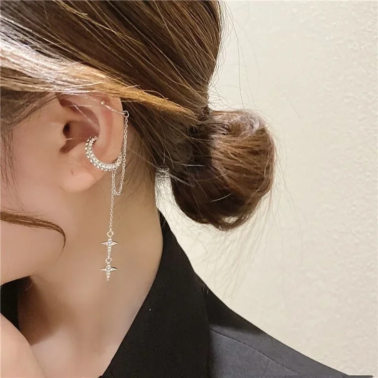 Ear Clip Earrings Silver Color Crystal Tassel Non-Piercing Cuff for Women Rhinestone Star