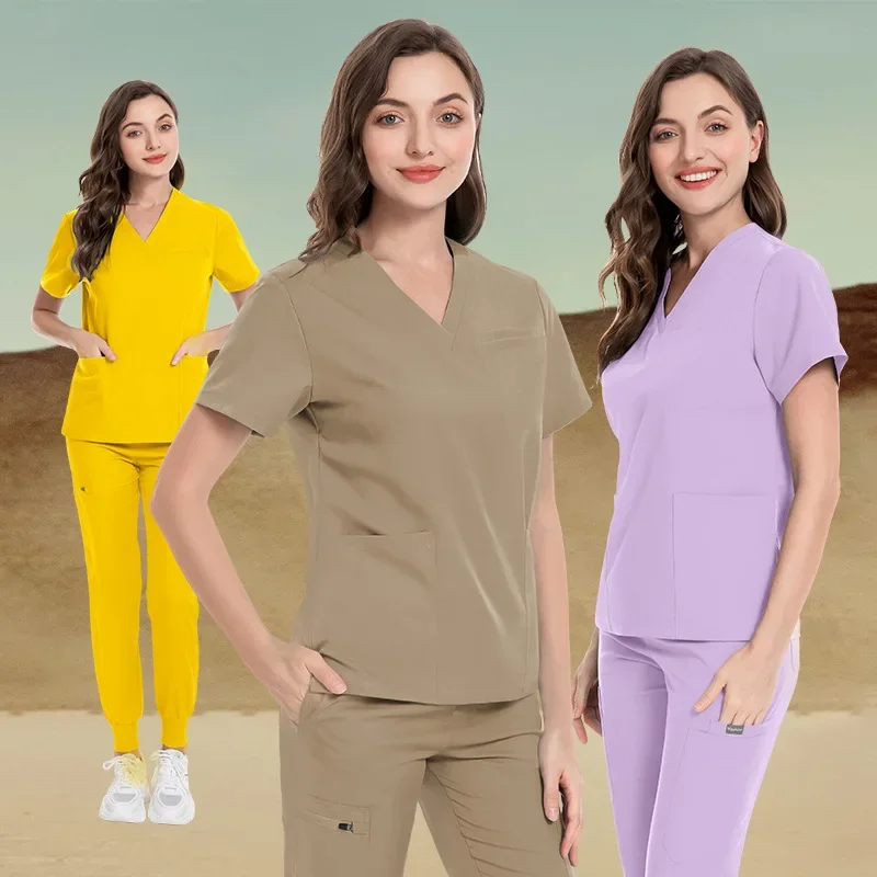 

New High-quality Women Multicolor Short Sleeved Tops+Pants Scrub Sets V-neck Work Clothes Nurse Uniform Hand Washing Clothes