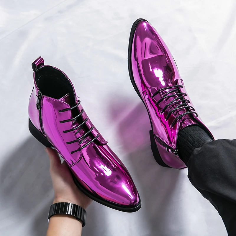 Luxury Chelsea Boots Men's Shiny Leather Shoes Pointed High Top Shoes Men's Banquet Dress Shoes High-end Purple Red Short Boots