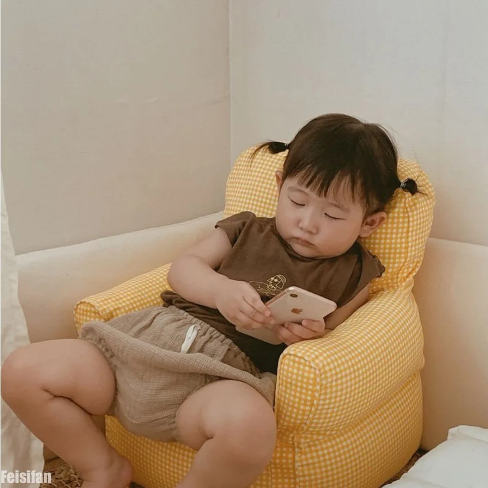 INS Children's Single Bean Bag Sofa Plaid Canvas Mini Chair Seat Kindergarten Early Education Institution Baby Furniture