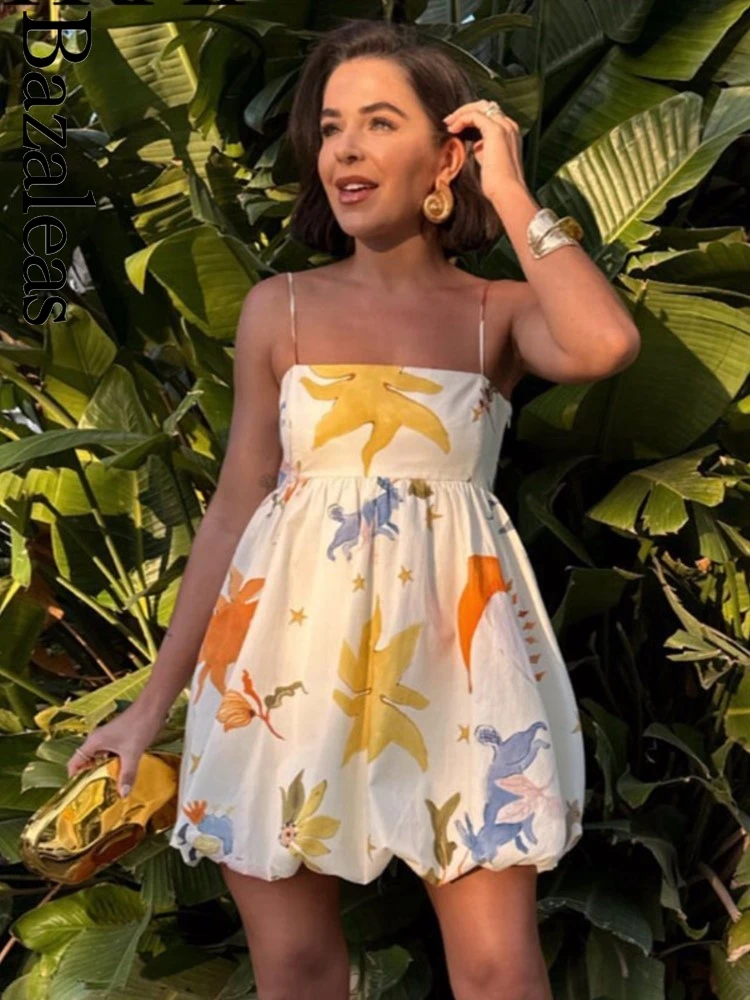 2024 Bazaleas Bohimian Spaghetti Straps Beach Summer Dresses Traf Official Store Floral Print Holiday Women's Dress 