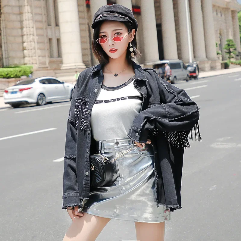 2023 Denim Jacket Coat Tassels Women Black Jackets Abrigo Mujer Tops For Women Chaquetas Mujer Women Denim Coat Streetwear women shirt spring geometric pattern vintage long sleeved loose shirt women camisas de mujer tops blusas mujer de moda tops