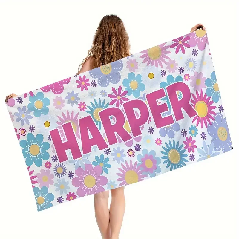 Personalized Flowers Beach Towels Girls Trip Heart Wave Beach Towel With Name Summer Holiday Vacation Pool Camp Gift